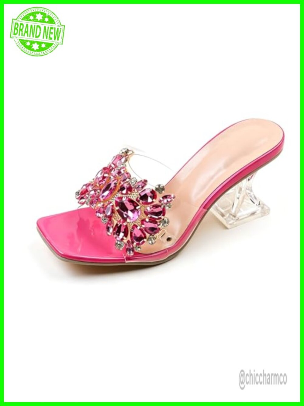 Rhinestone Embellished Slide Sandals Square Open Toe Kitten Heel Mules for